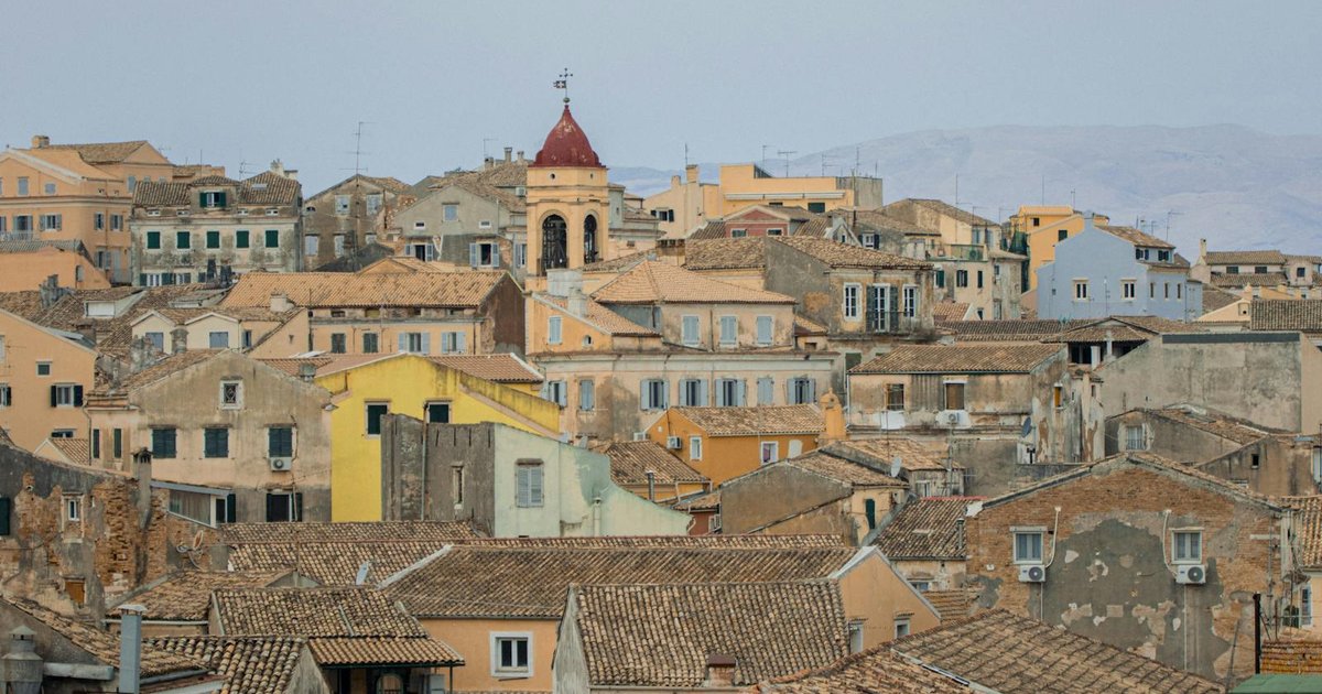 Venetian architecture and Liston arcade in Corfu Old Town UNESCO World Heritage site